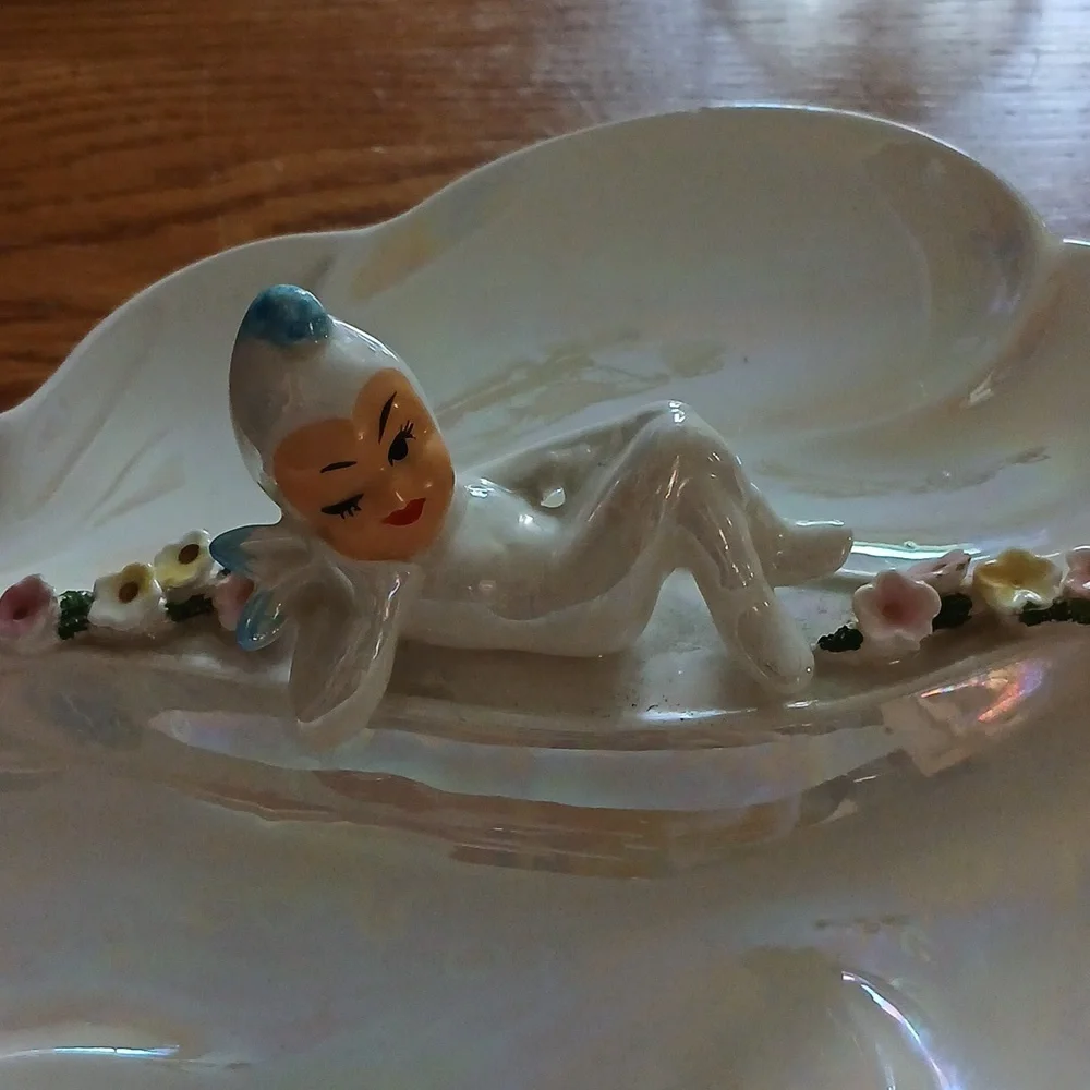 Vintage Lefton irridescent divided pixie candy dish - Picture 2 of 10